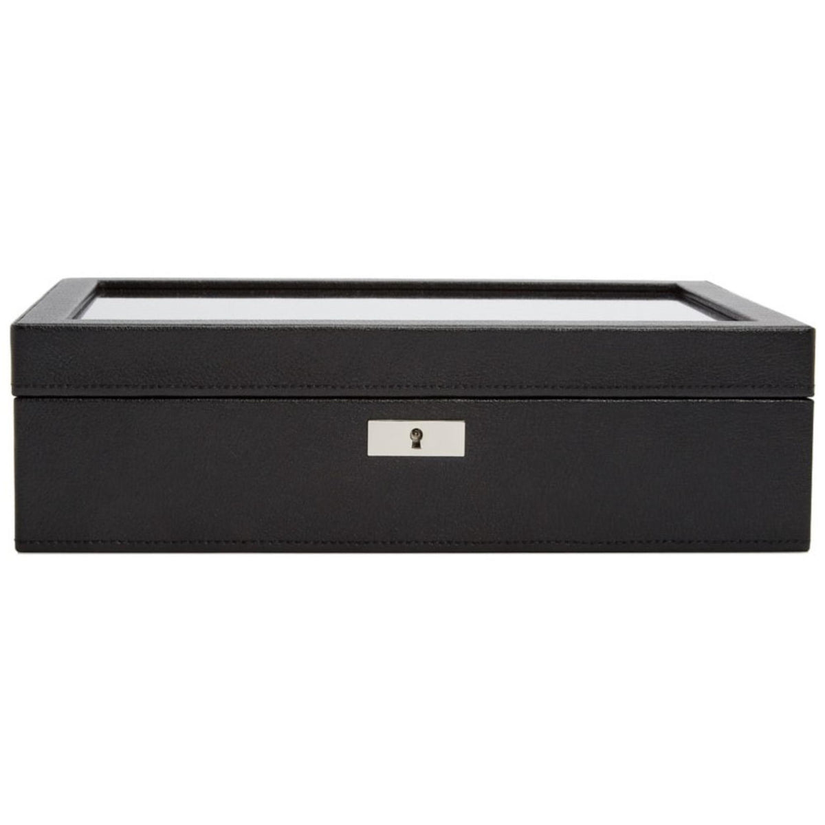 Black 10-slot watch display box with windowed lid and rectangular lock panel.