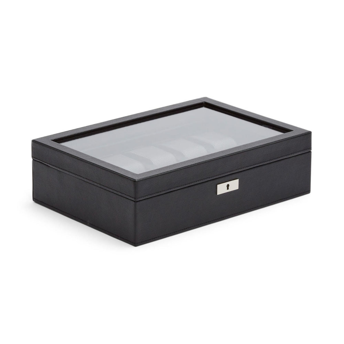 Black 10-slot watch box with windowed lid, angled view with front lock plate.