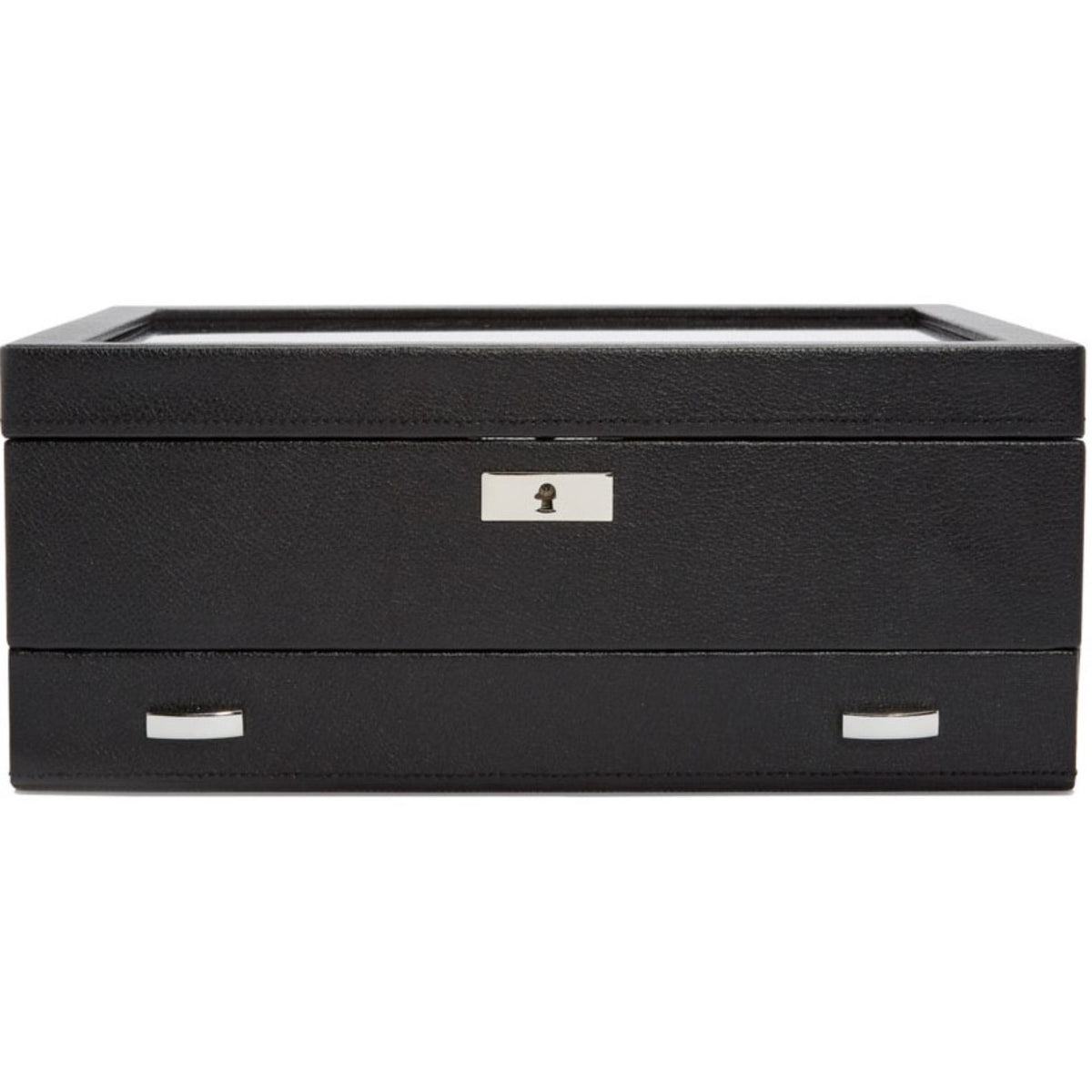 WOLF Viceroy watch storage box, black faux leather, lock and front drawers