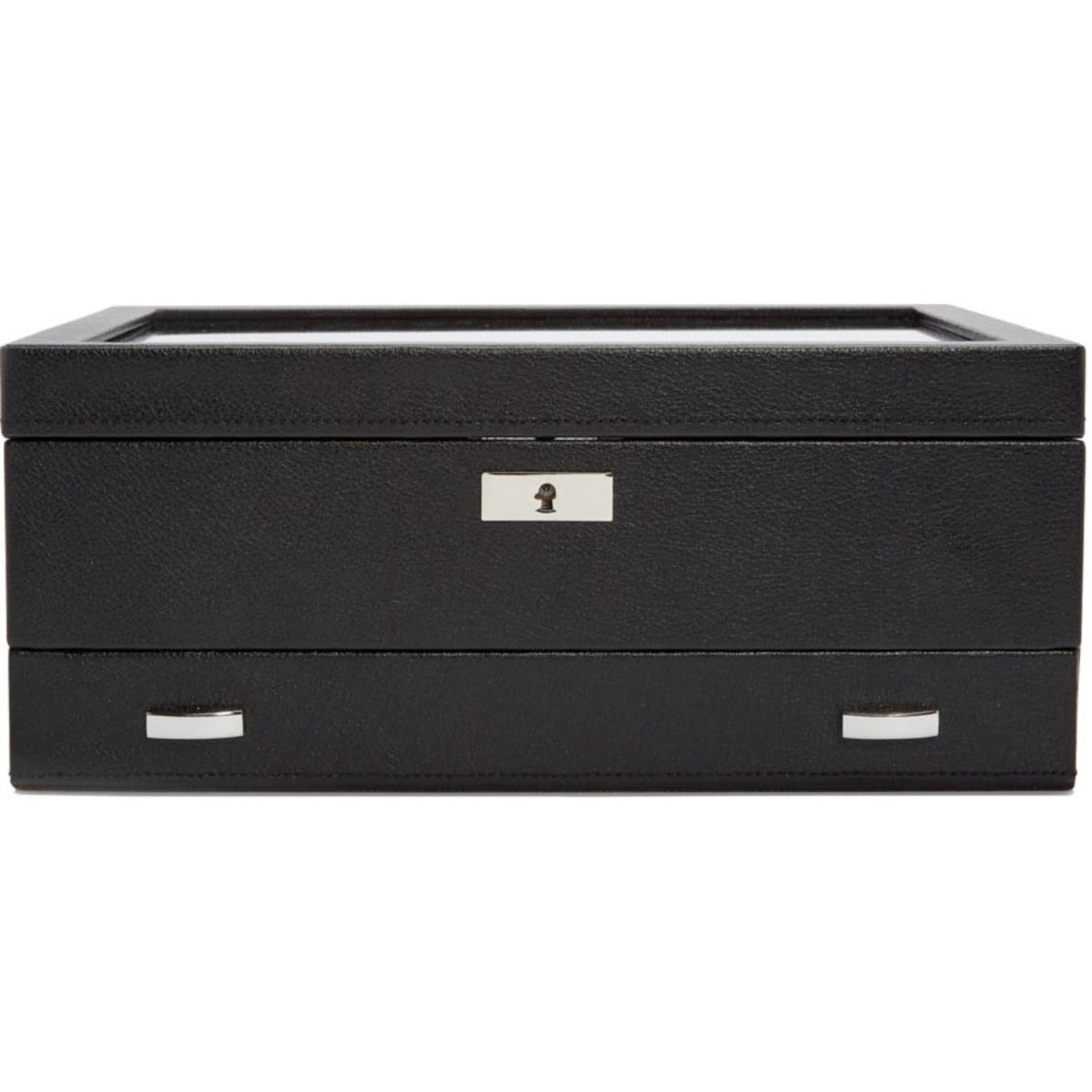 WOLF Viceroy watch storage box, black faux leather, lock and front drawers