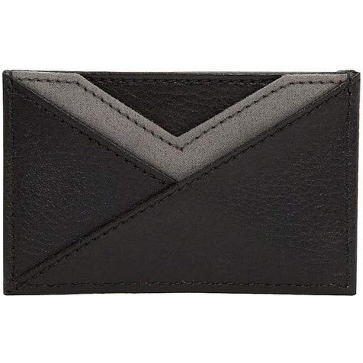 Black leather bifold card wallet with gray interior and chevron-style stitched panel