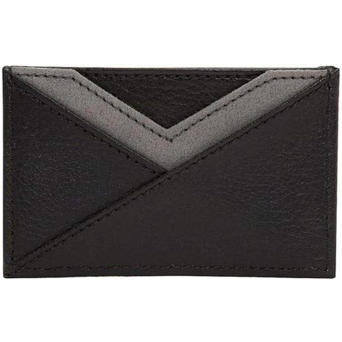 Black leather card wallet front view with gray chevron panel and double-stitched border