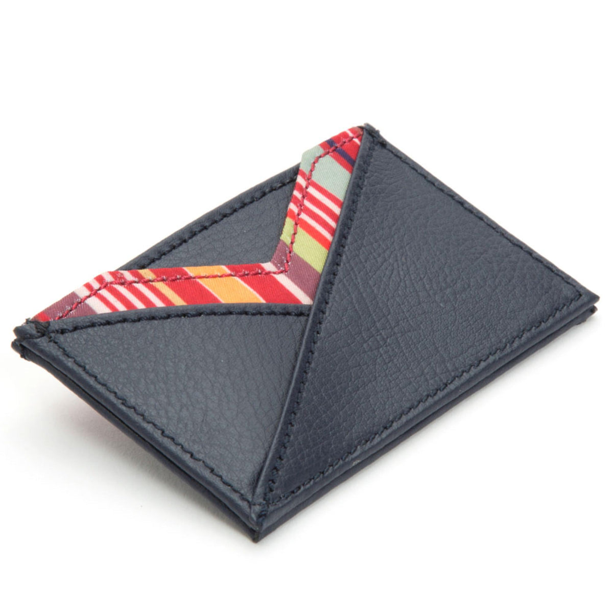 Dark navy card wallet angled view showing multicolor striped lining at the fold.