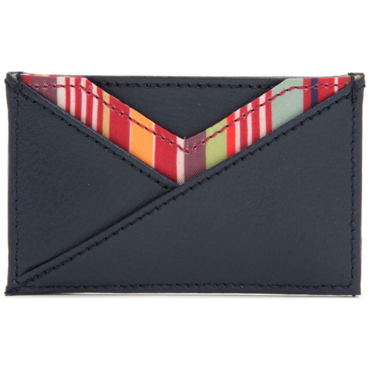 Dark navy card wallet front panel with red multicolor striped fabric lining trim.