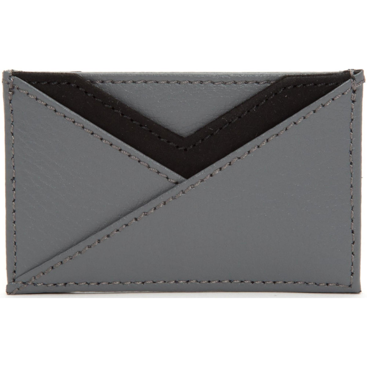 Gray card wallet front with black V-panel trim and neat contrast topstitching