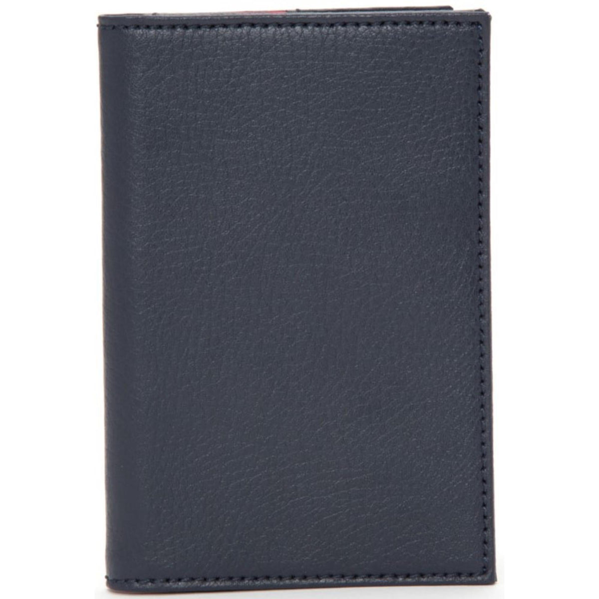 WOLF Howard passport holder front panel in dark blue leather with neat stitching.