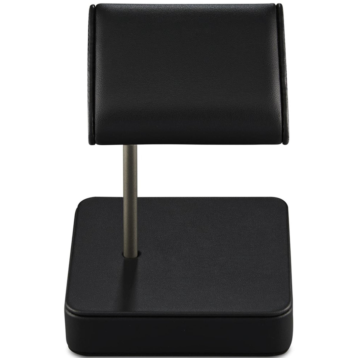 Single static watch stand with stitched black rectangular top rest on metal post