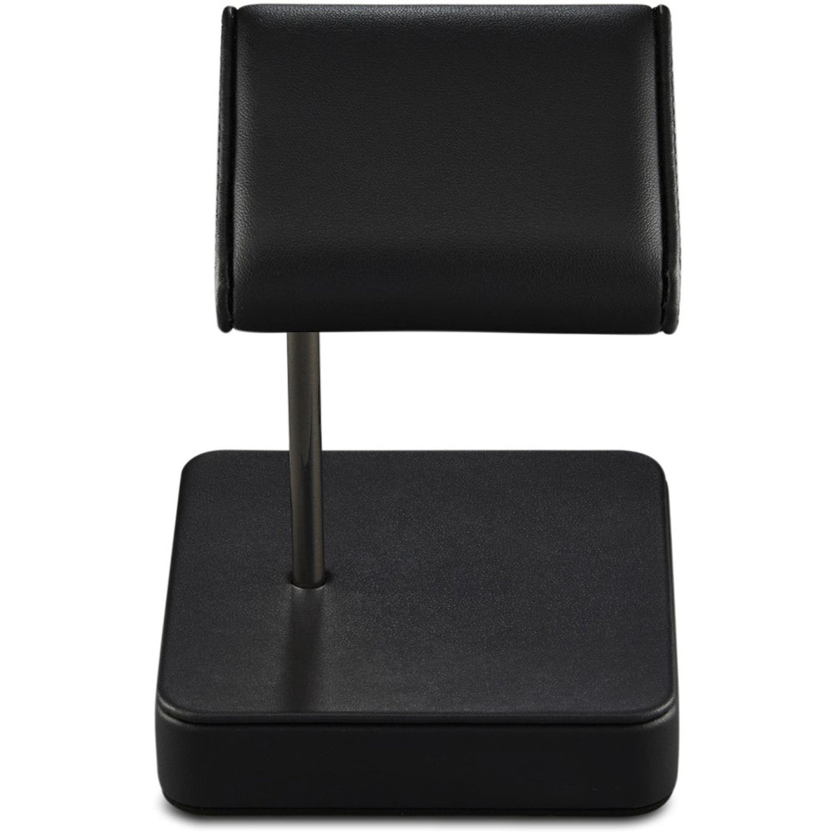 Padded black watch stand with square base and vertical post holding watch rest
