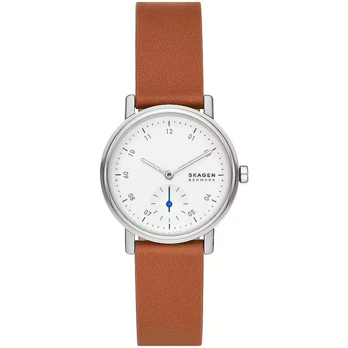 Skagen women's watch front view with brown leather strap, silver case, white dial