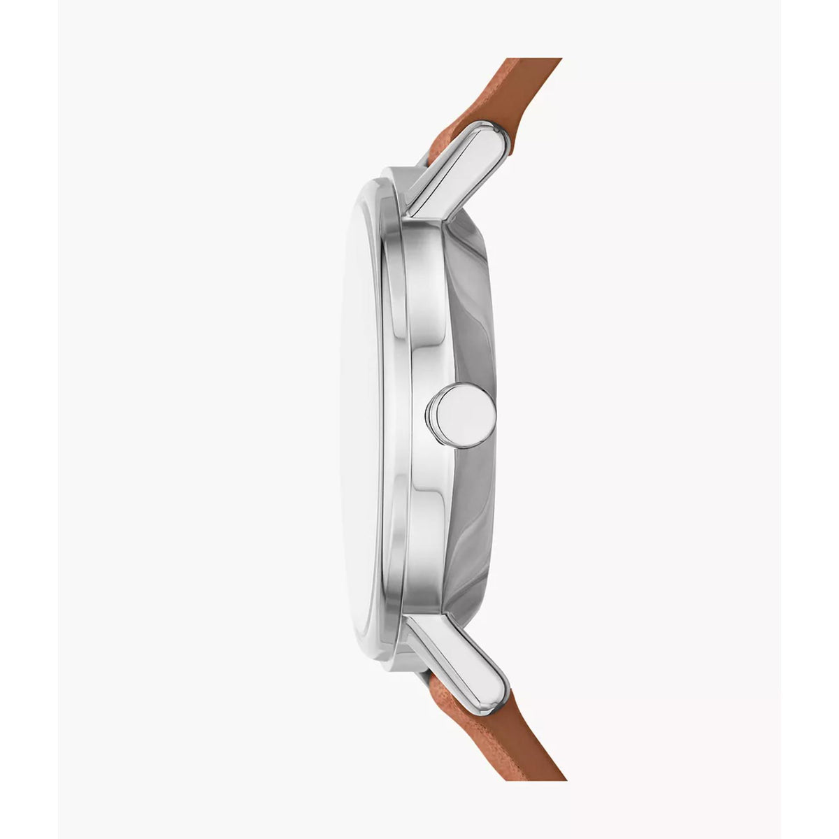 Skagen women's watch side view showing silver case thickness and brown leather strap