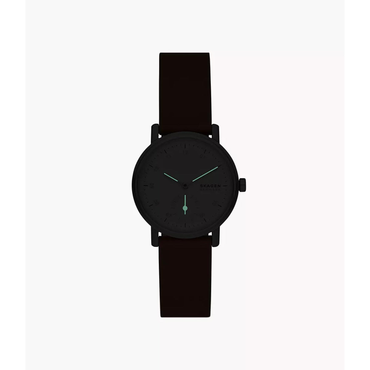 Women’s brown leather watch with dark dial and green hands, sub-second marker