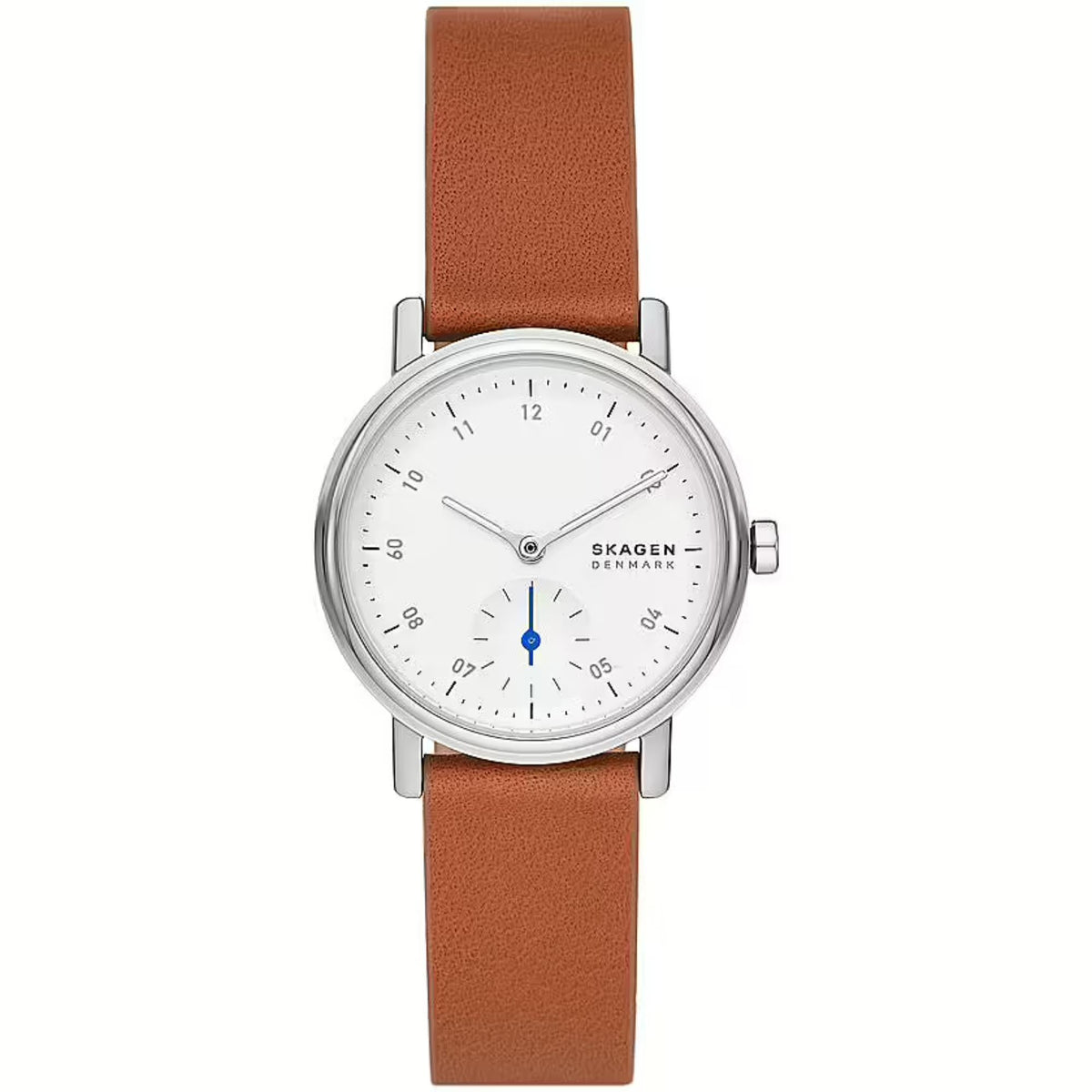 Skagen women's watch close front view with brown leather strap and white dial