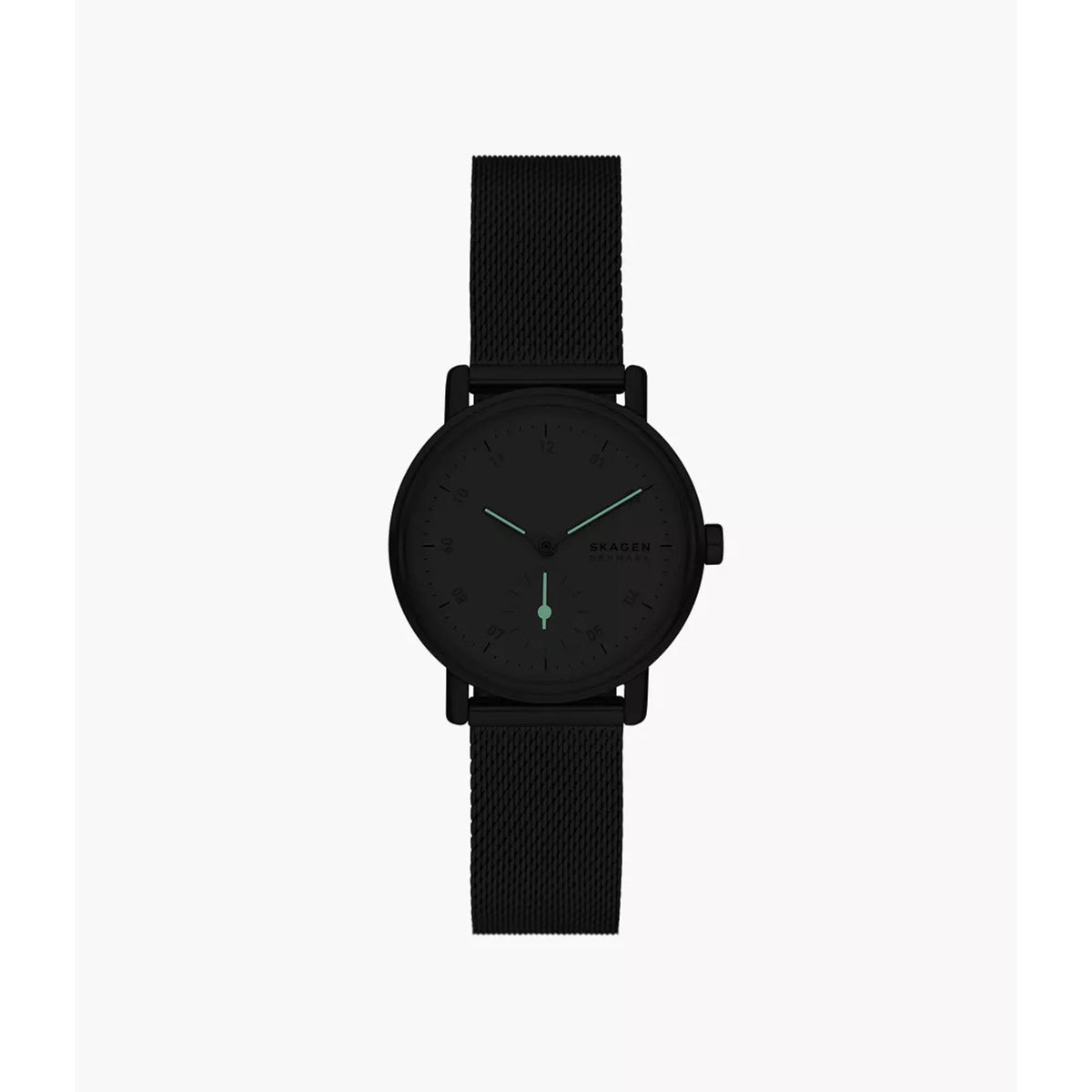 Women’s black watch front view with dark dial, black strap, and green hands