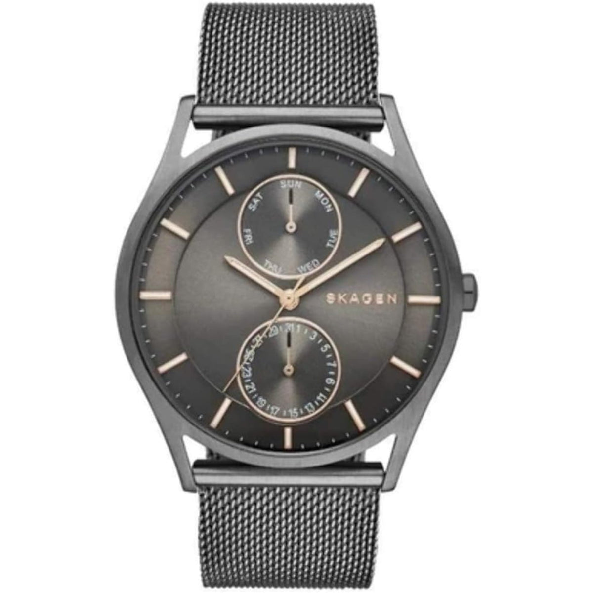 Charcoal dial multifunction men’s watch with mesh strap and dial subdials