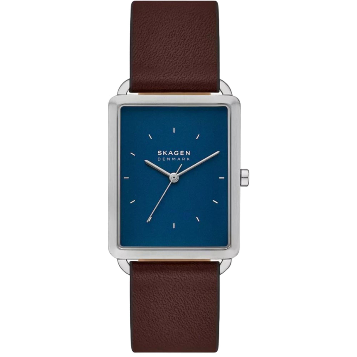 Skagen men’s rectangular watch with blue dial, brown leather band, silver-tone bezel
