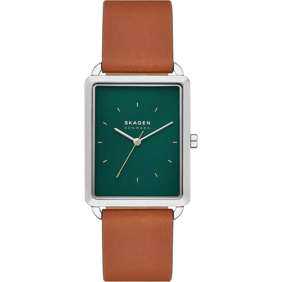 Skagen rectangular watch with brown leather strap, green dial, and gold hour markers