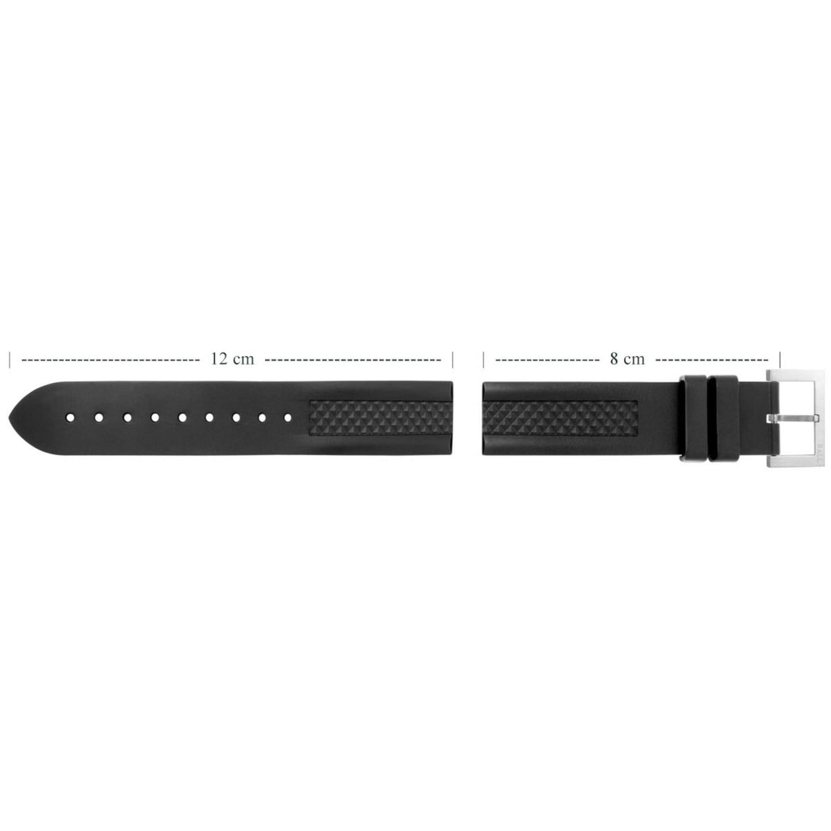 Black rubber watch strap detail: textured section with row of pin holes and clasp.