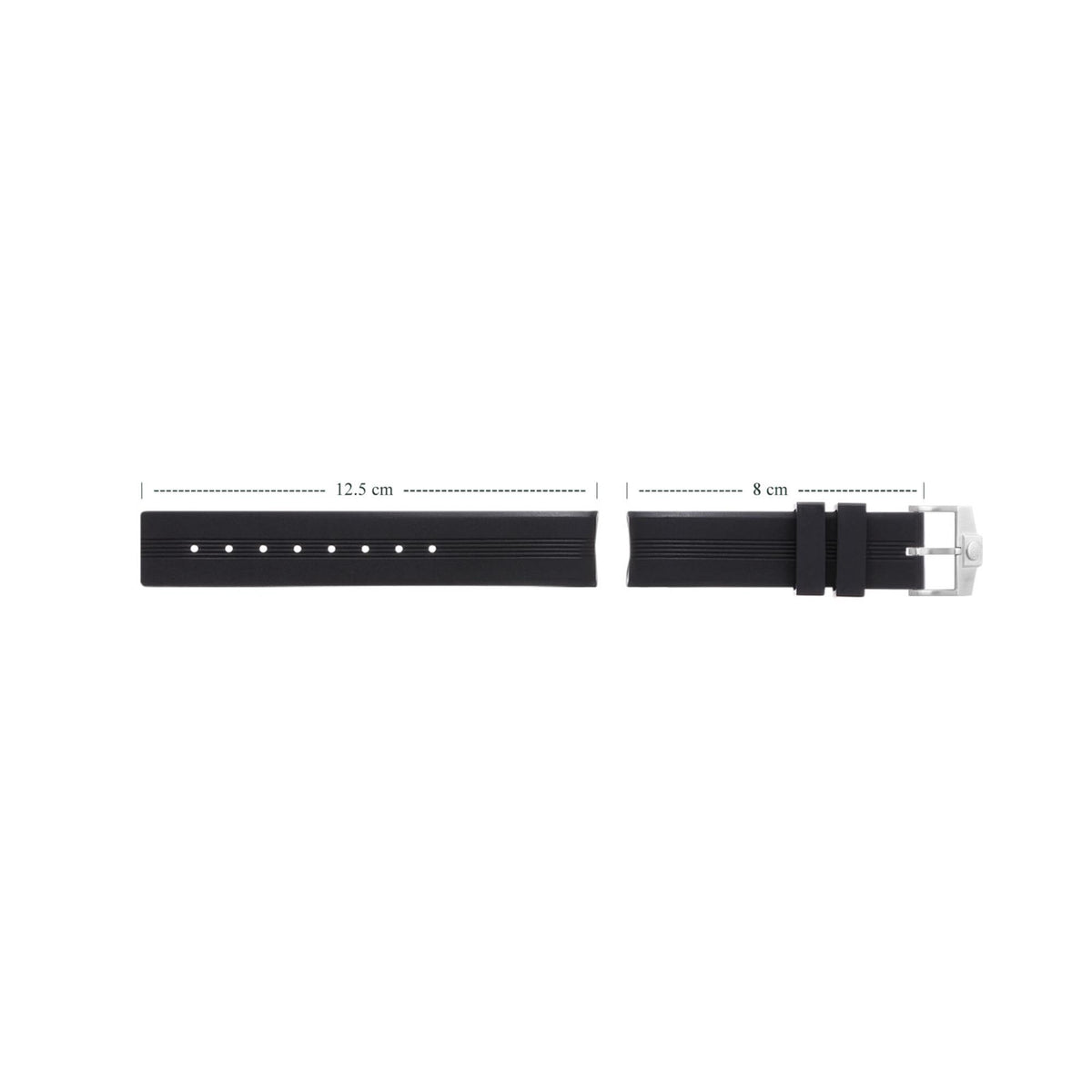 Black rubber watch band with pin buckle clasp and adjustment holes, side profile