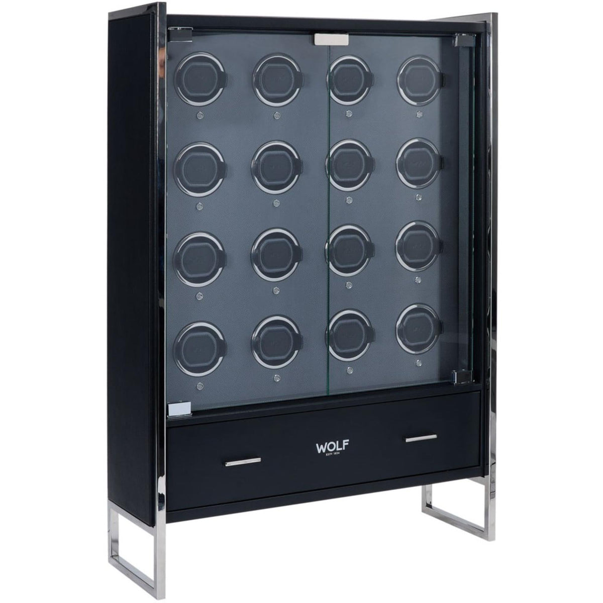 WOLF 16-piece watch winder cabinet with 16 holders behind a glass panel