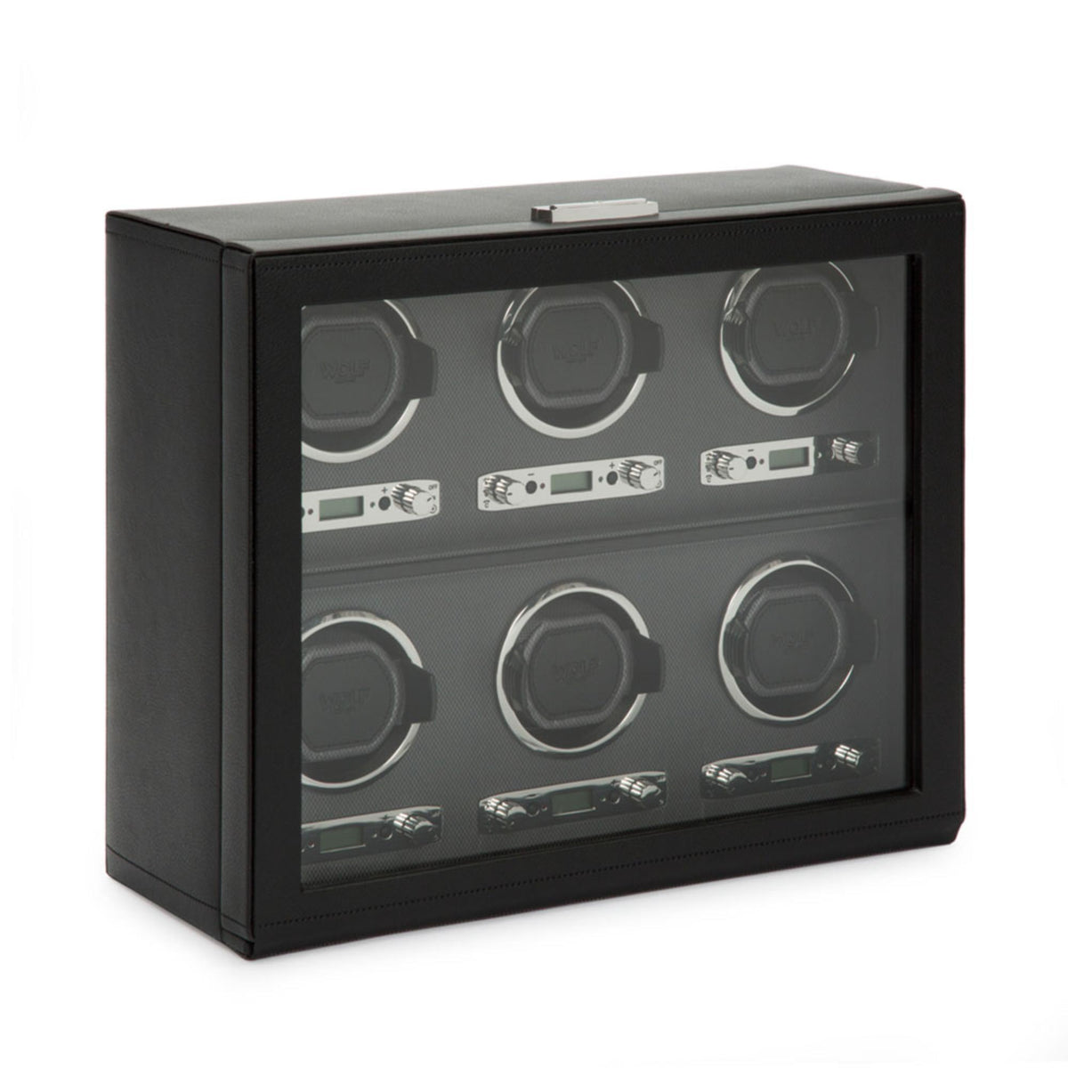 Black 6-watch winder box with clear front door and six watch winding compartments