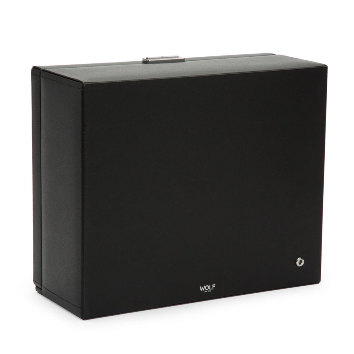 Black 6-watch winder back side with Wolf logo and hinged top panel