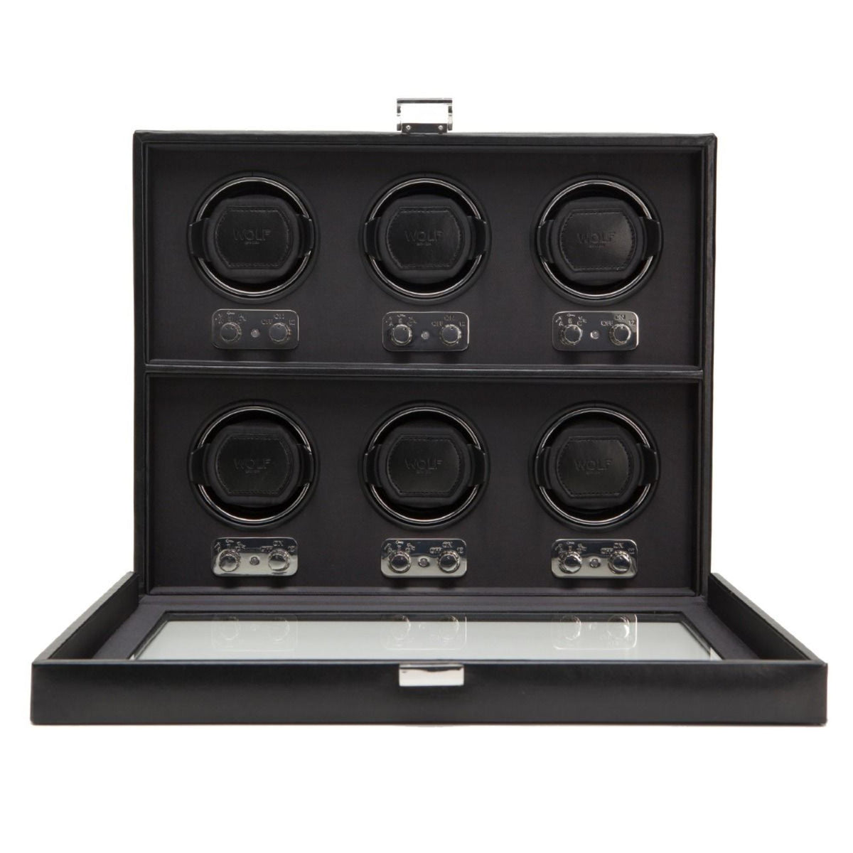 Open black watch winder case with six circular winding cups and base compartment
