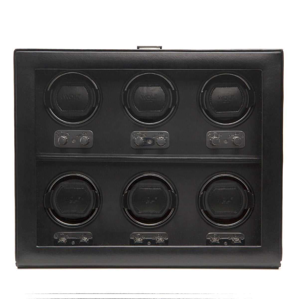 Black 6-watch watch winder front panel showing six circular winding cups