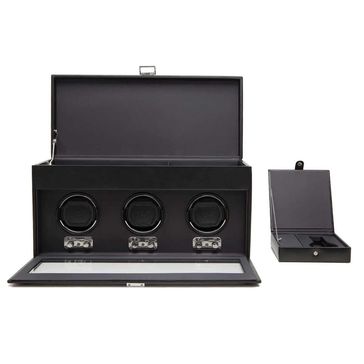 Black triple watch winder with lid open and side drawer extended, three winders visible.