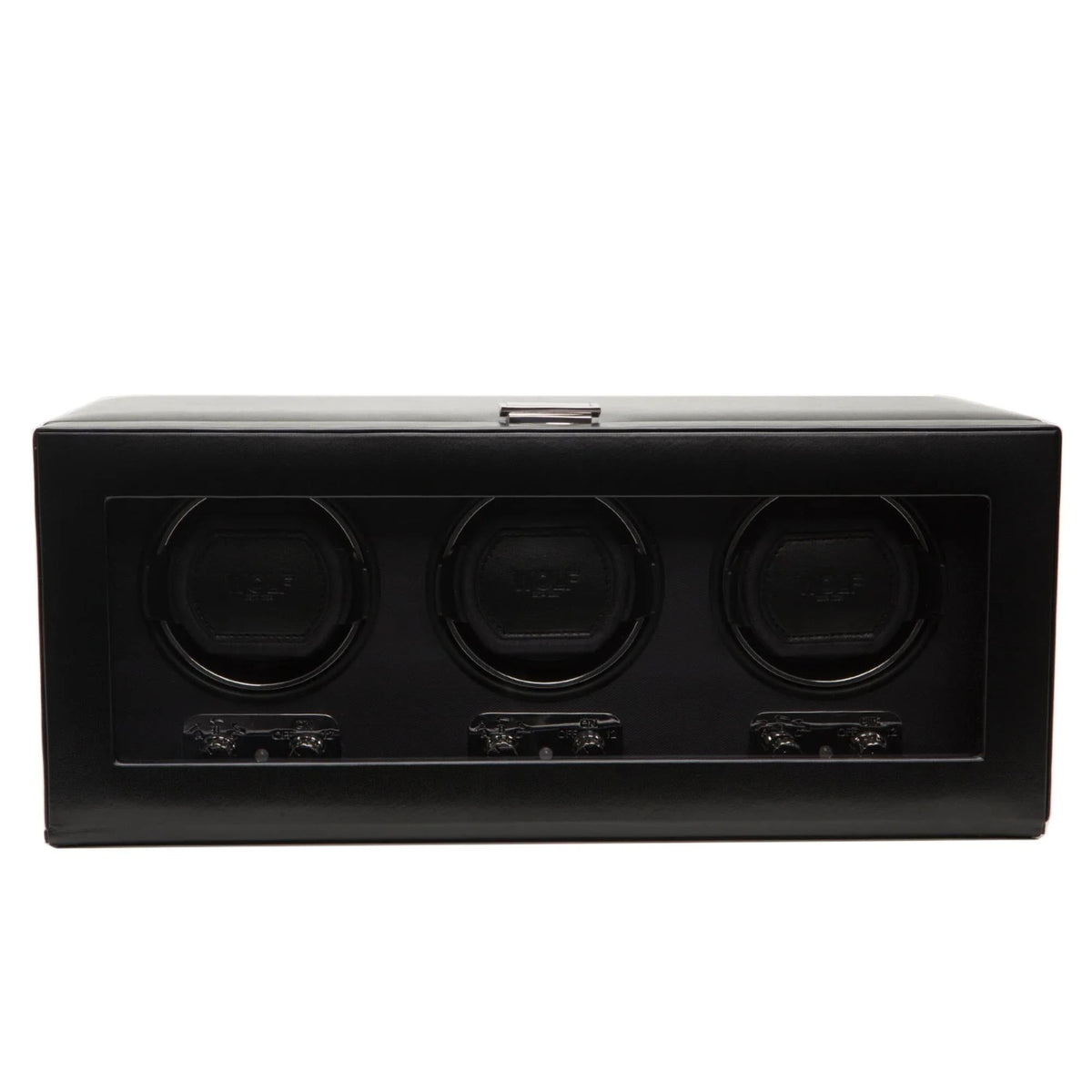 Triple watch winder with three rotating units, black case, front panel view