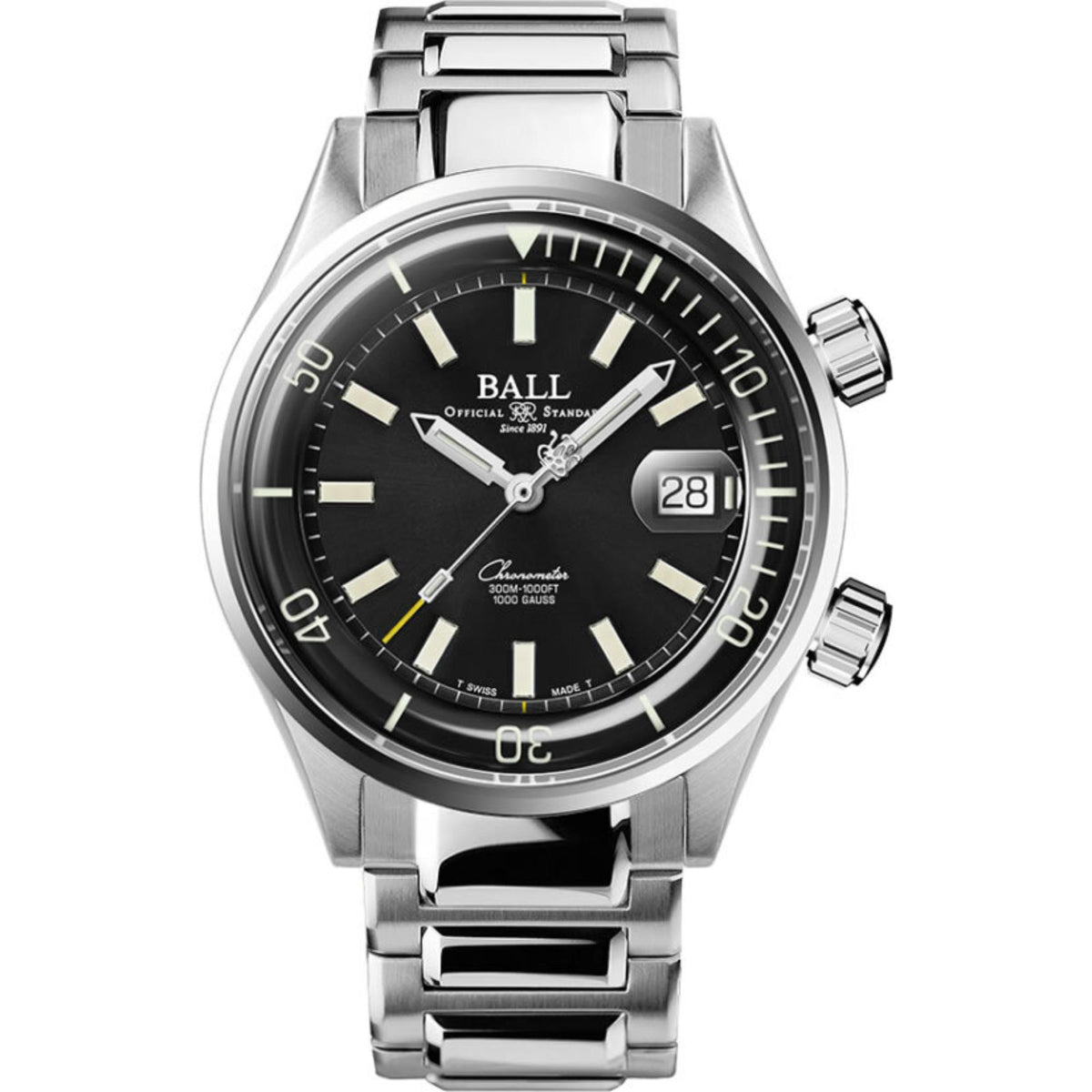 Men’s stainless steel diver watch with black dial, luminous markers, date window at 3