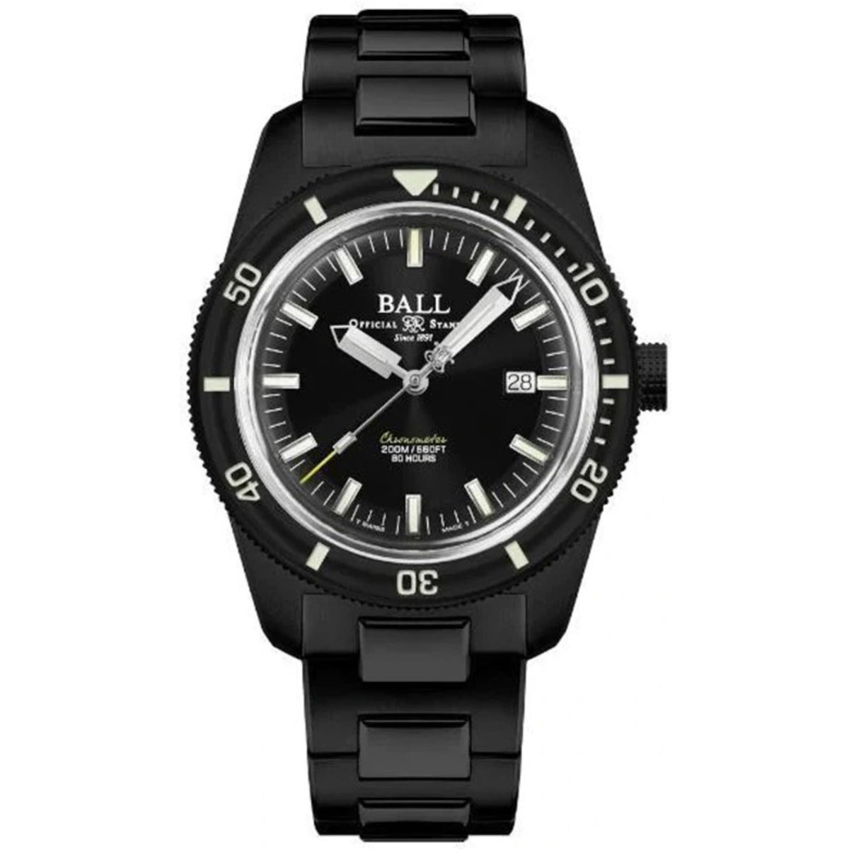 Black diver watch with gray bezel ring, date window at 3, metal hands
