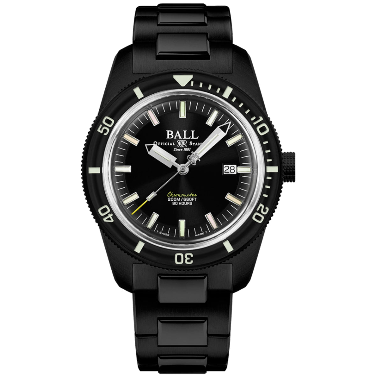 Black diver watch with gray bezel, luminous markers, date window at 3