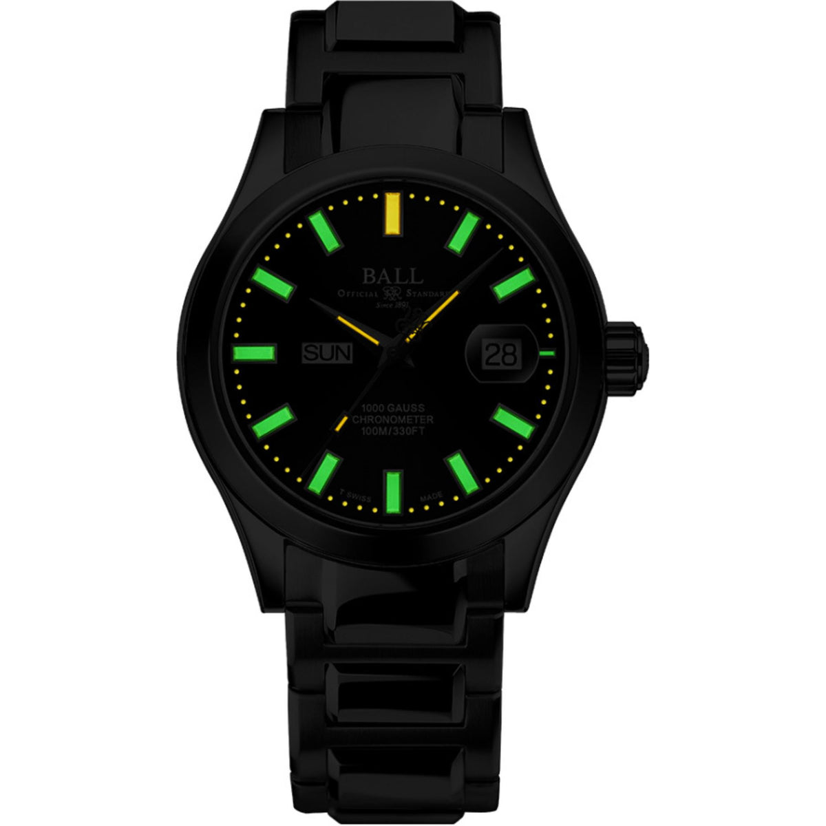 Men's black wristwatch with luminous green markers, black strap, and date window at 28.