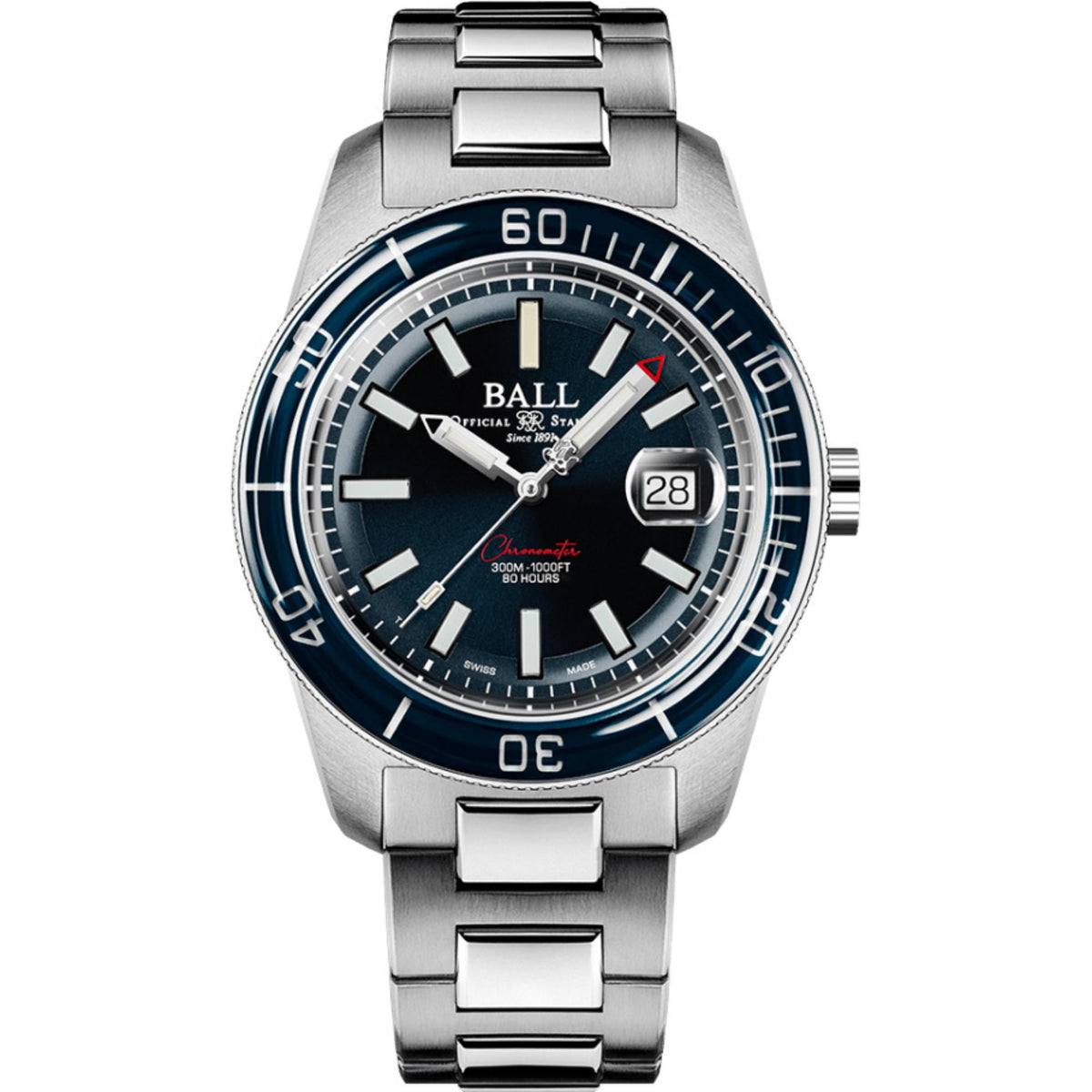 Blue-dial stainless steel diver watch with blue bezel and linked metal bracelet