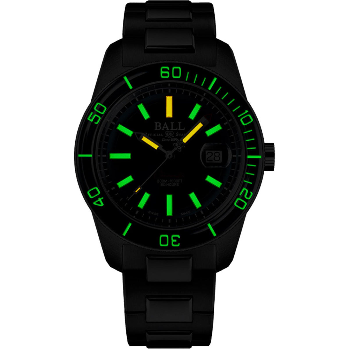 Men's black diver watch with luminous green hands, markers, and black strap