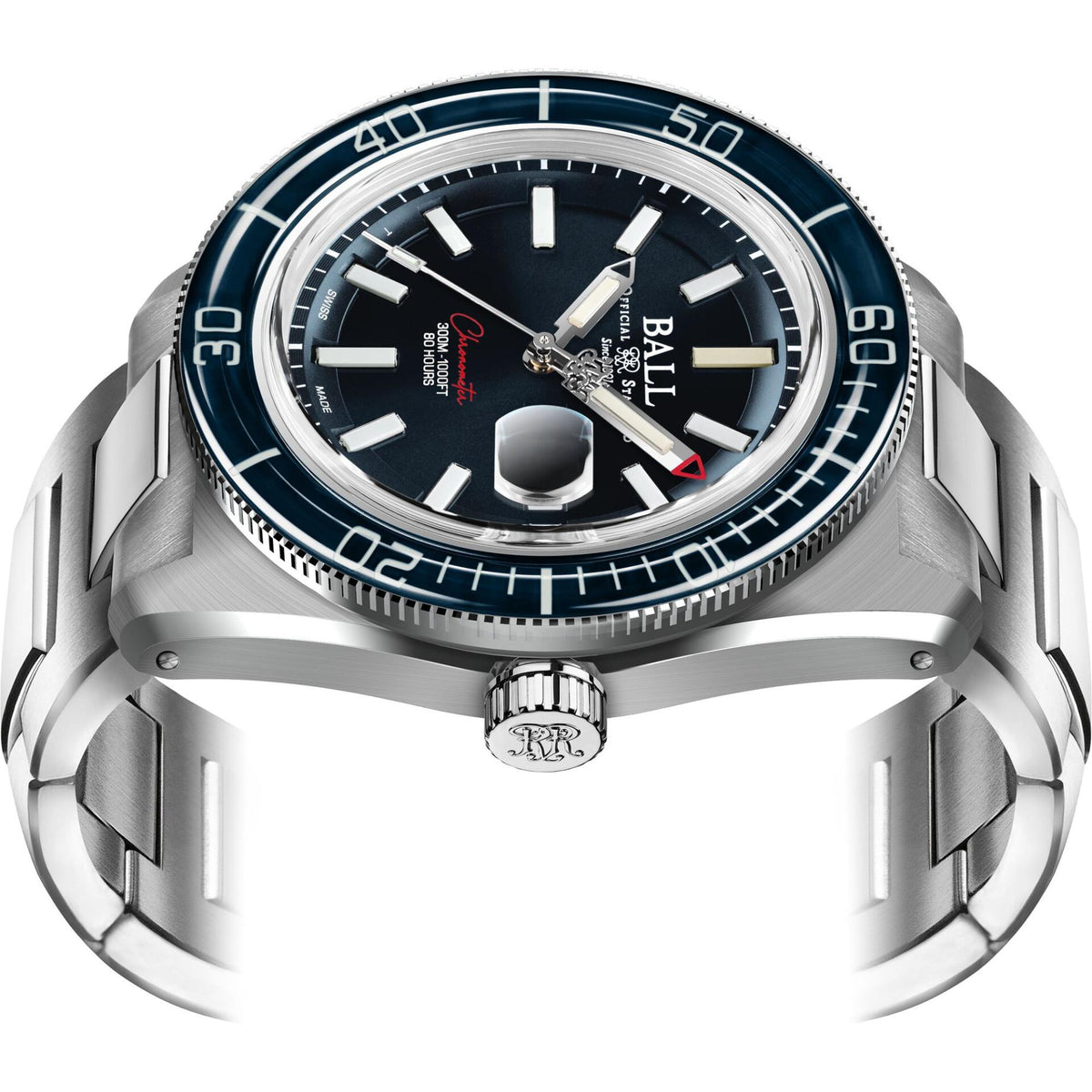 Stainless steel diver watch front close-up with blue dial, white markers, and bezel ring