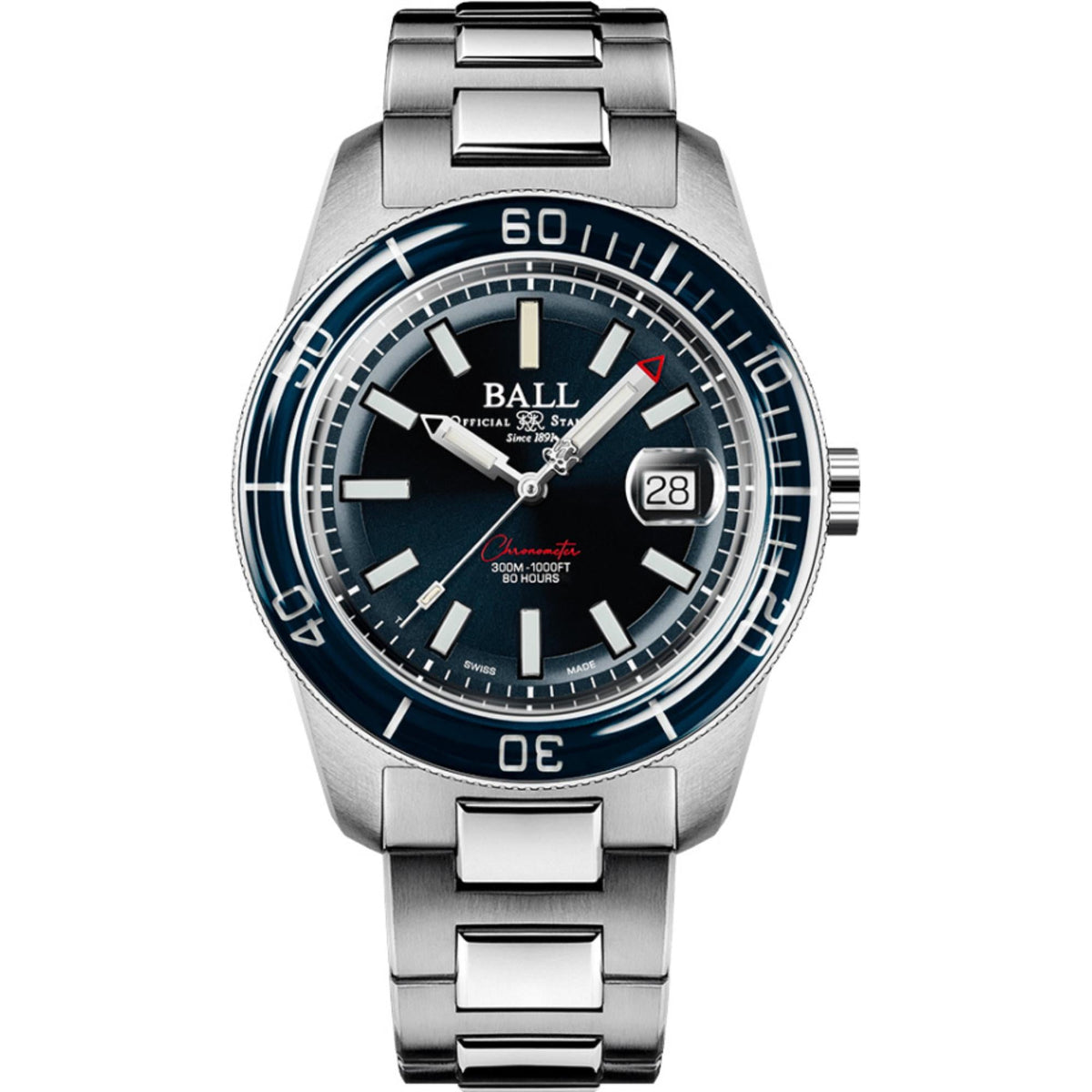 Men's stainless steel watch with blue dial, blue timing bezel, and metal link band