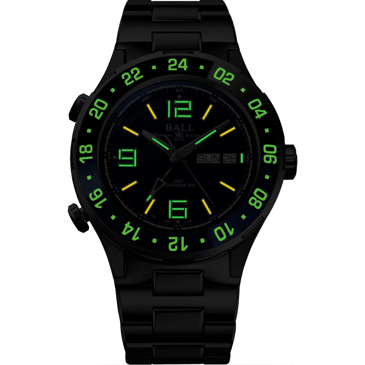 Men's black wristwatch with luminous green bezel, dark dial, metal bracelet