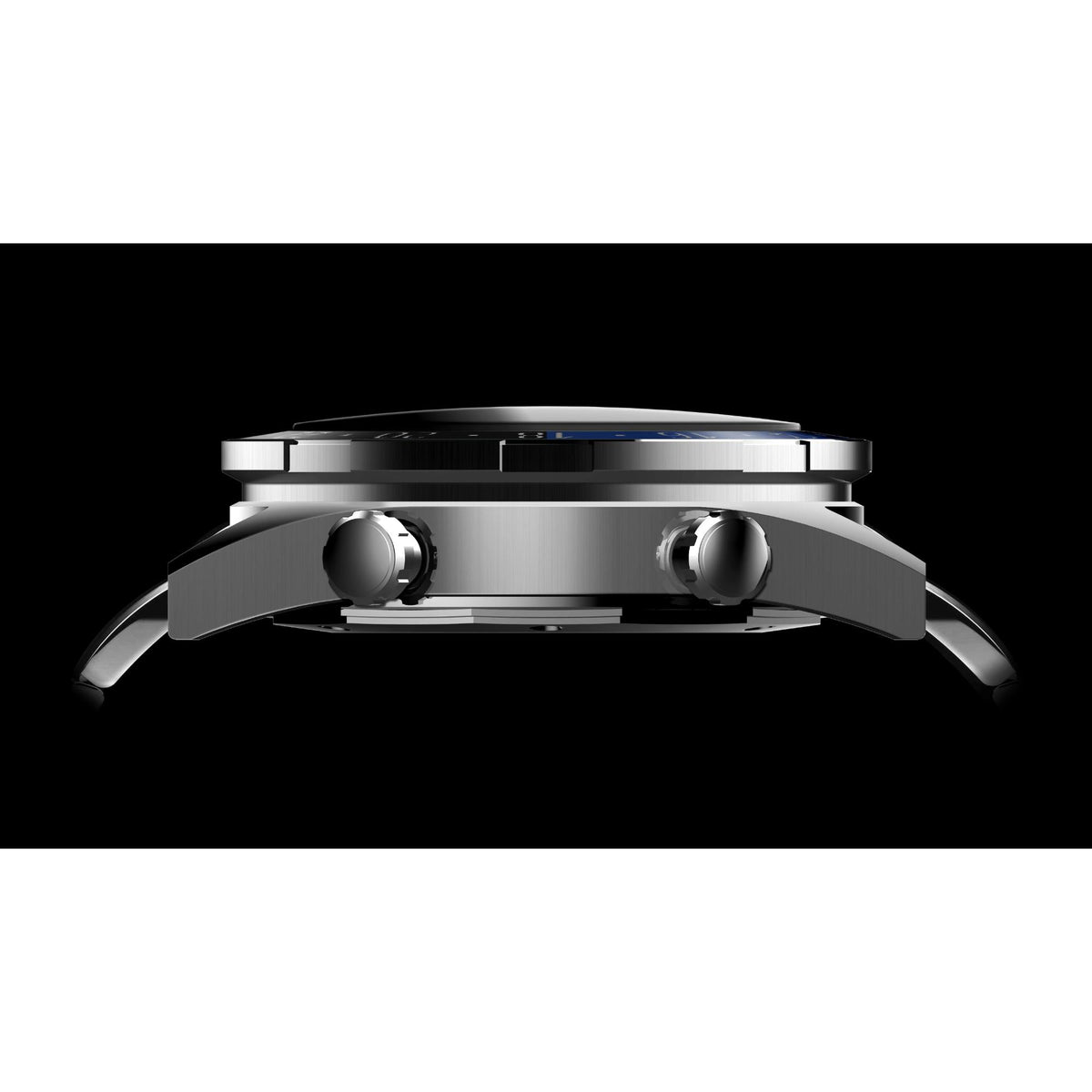 Silver-toned stainless steel watch case side with crown and pushers