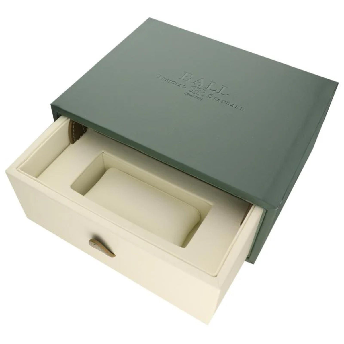 Watch presentation box with green lid and beige foam insert