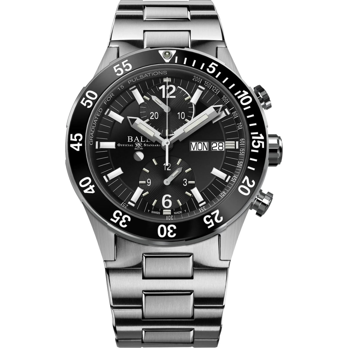 Men’s chronograph watch with black dial, silver chronograph subdials, and MON 28 date window