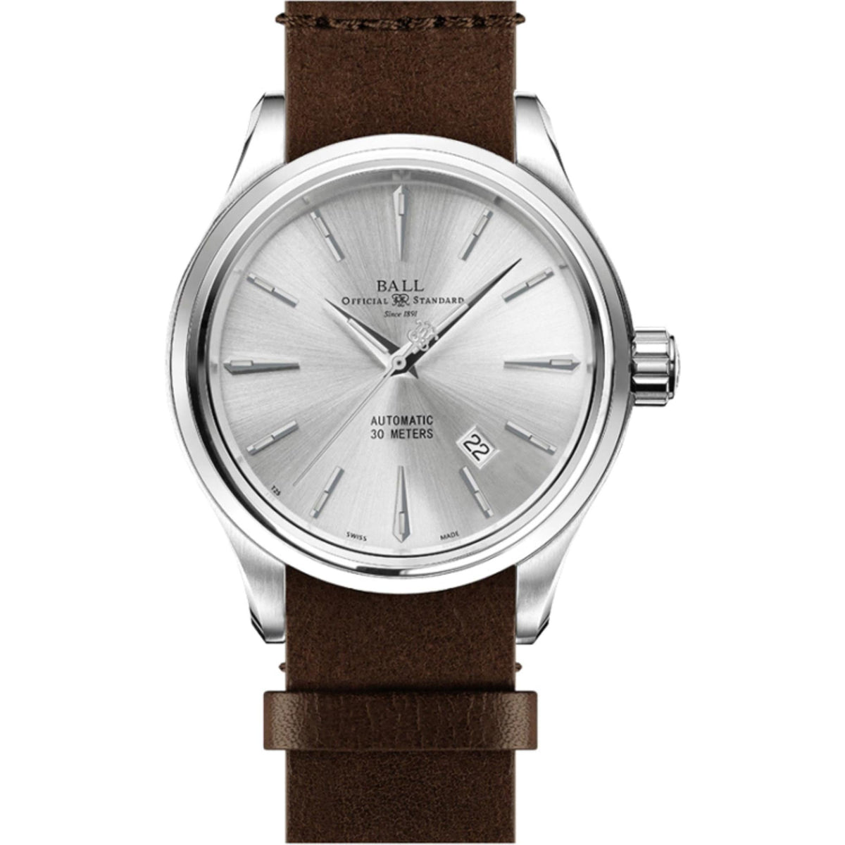 Men's wristwatch: silver dial, brown leather strap, round case with side crown detail
