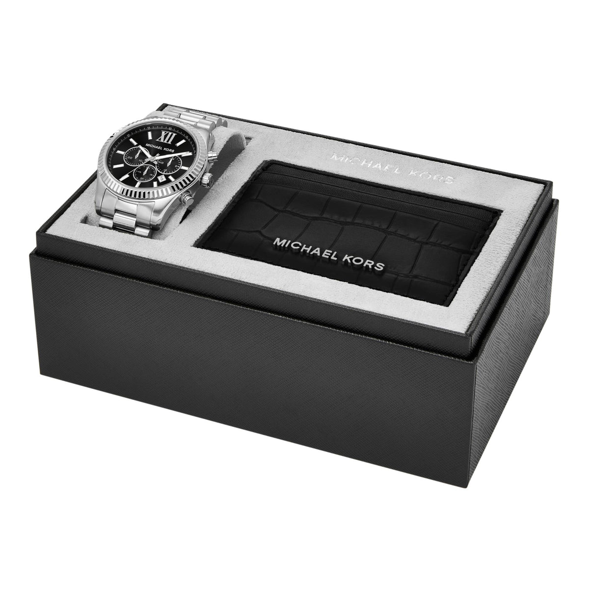 Gift set contents in black box: stainless watch and black card case