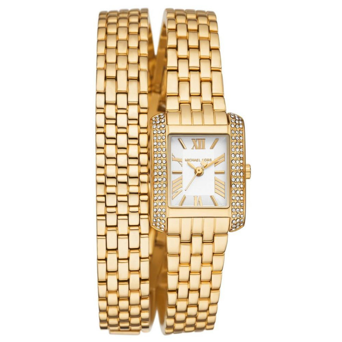 Front view of gold-tone women’s wristwatch with white dial, Roman numerals, and bezel