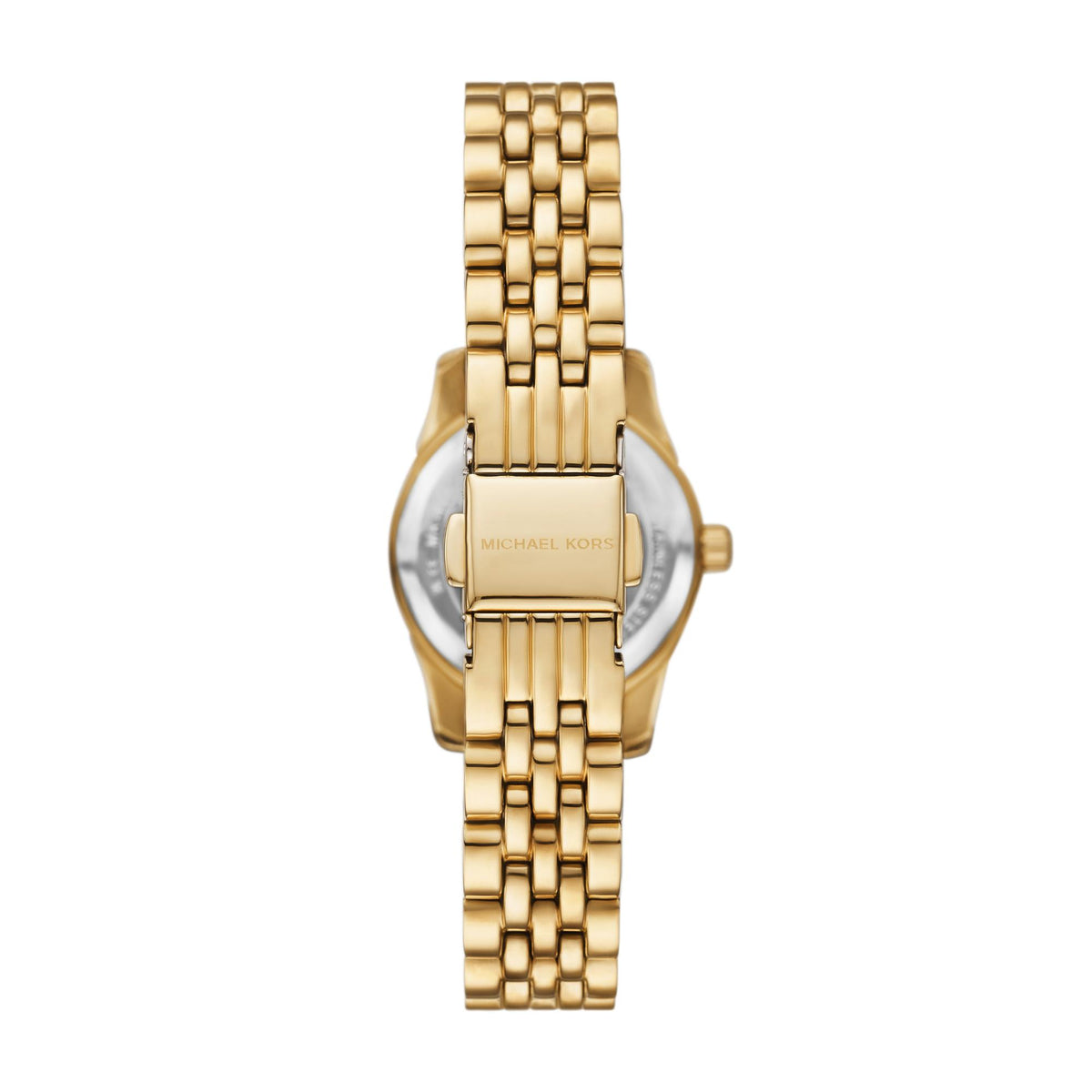 Gold-tone women’s watch side profile with green dial and linked bracelet
