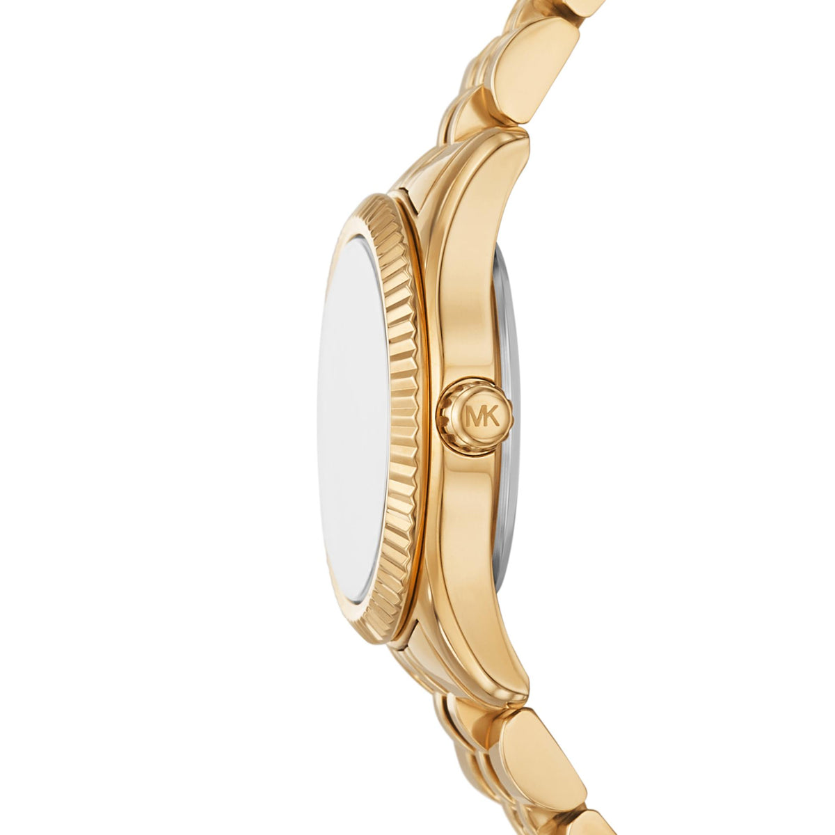 Gold-tone watch case side view with MK emblem and linked bracelet