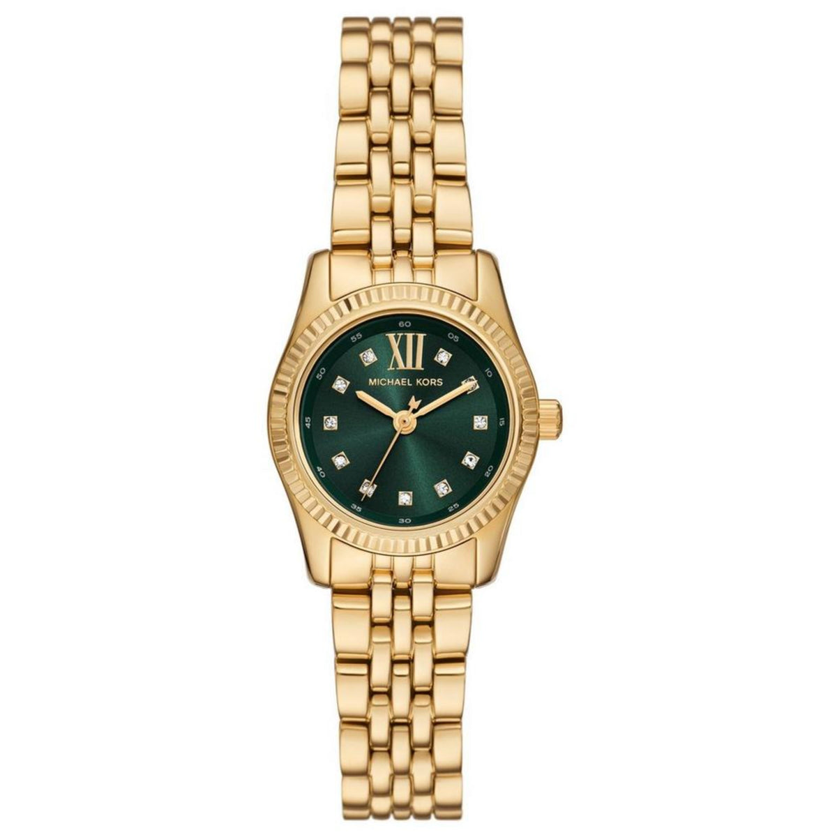 Gold-tone women’s wristwatch featuring a green dial with Roman numerals and crown