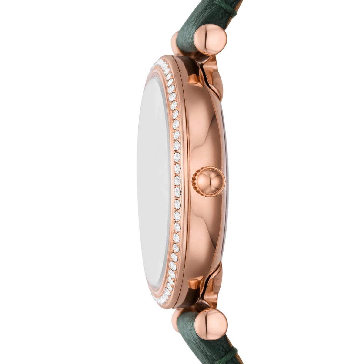 Fossil ladies watch profile view showing rose-gold case and crystal bezel surround
