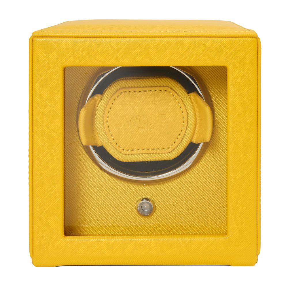 Vibrant yellow single watch winder with glass front and chrome bezel around cushion