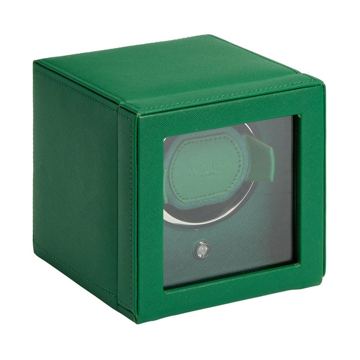 WOLF single watch winder in vibrant green, 3/4 side view with window and circular holder